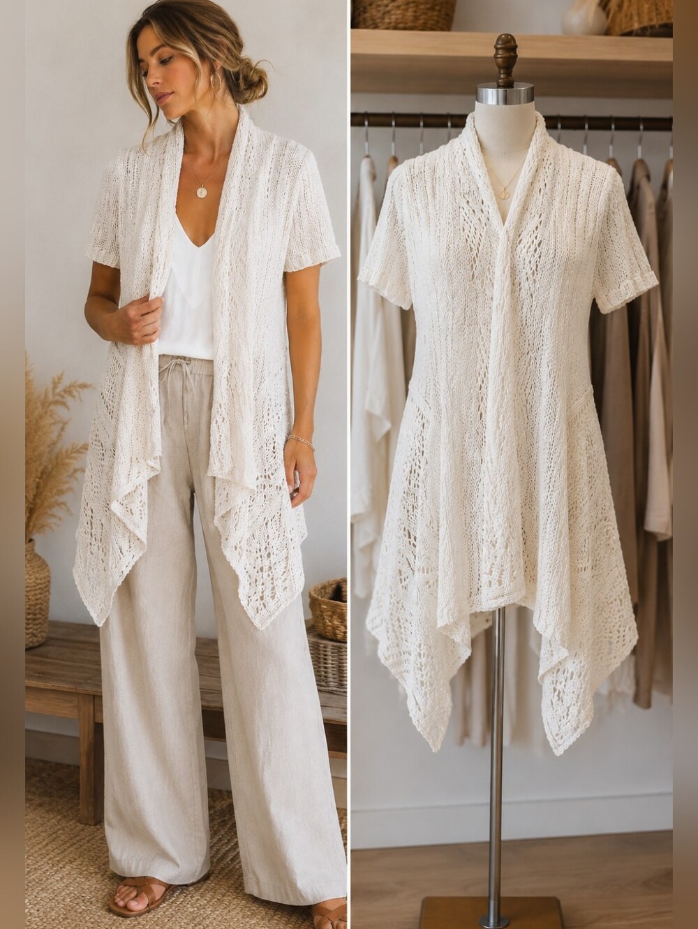 Woolrich Cotton Open Knit Drape Cardigan M Off White Boho Cottagecore